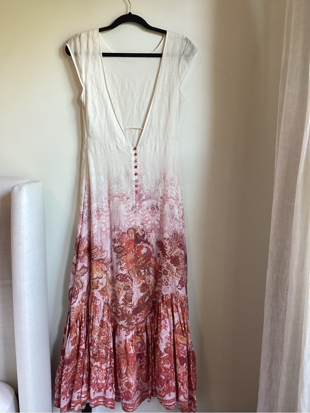 Free People Maxi Dress Small Floral Ombré  Pink White V Back Tiered Prairie Boho